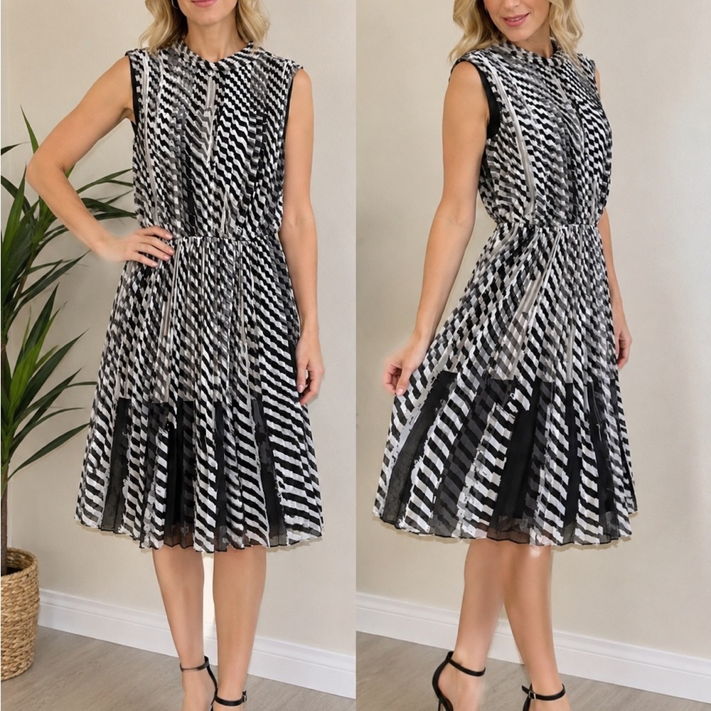 St. John Sleeveless Pleated Mock-Neck Dress in Black and Beige